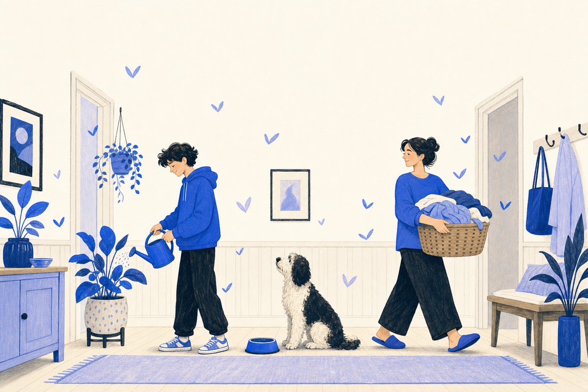 A teenager watering plants and a parent carrying a laundry basket while the dog waits by its bowl
