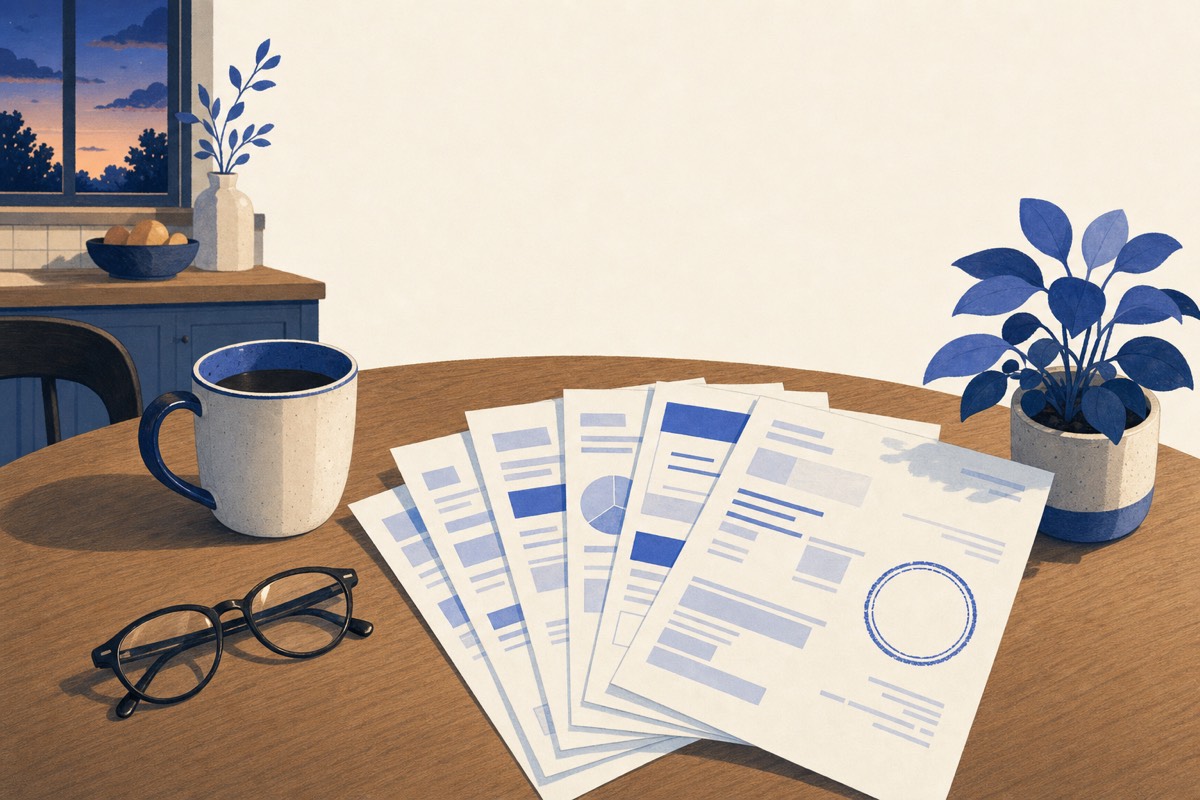 A fan of paper household bills on a kitchen table at dusk, with a coffee mug and reading glasses