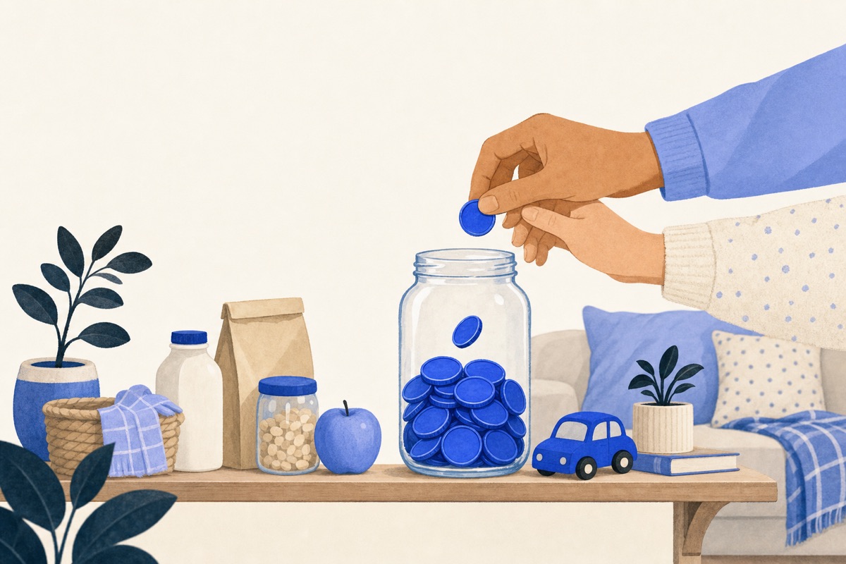 Two people's hands dropping a coin into a glass savings jar beside groceries and a toy car