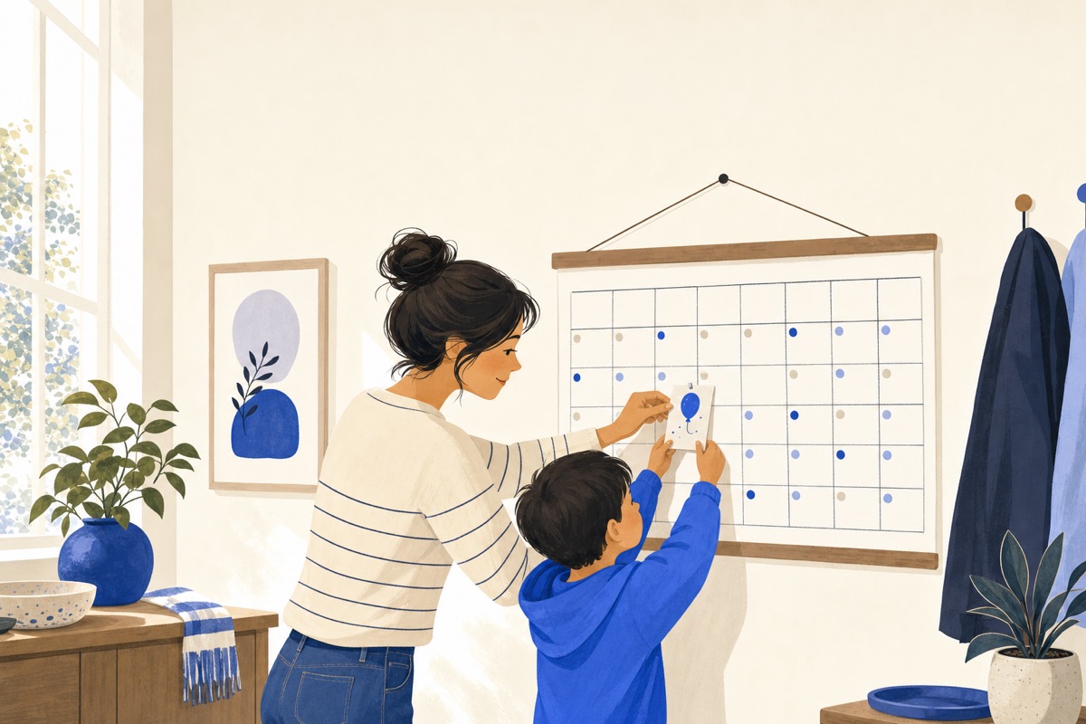 A parent and child pinning a birthday card onto a big wall calendar marked with colored dots