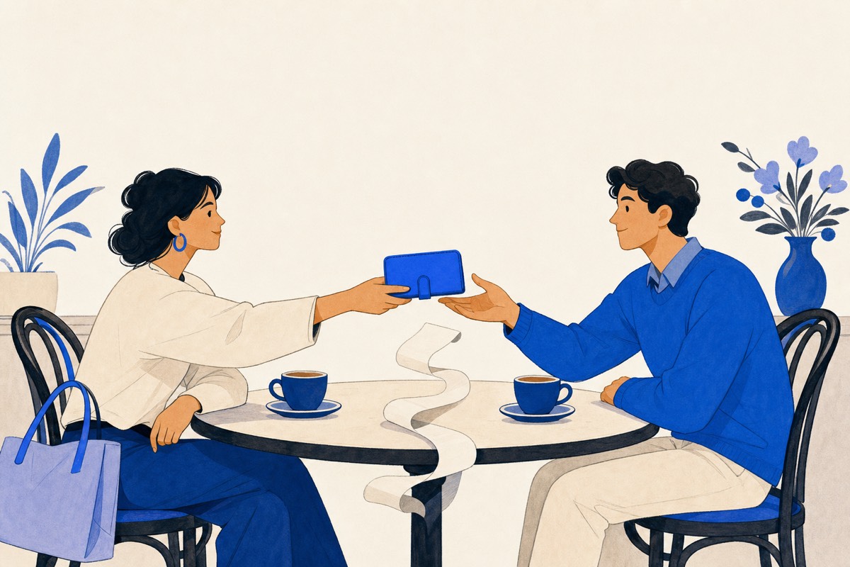 A couple at a cafe table passing a blue wallet across, a receipt curling between their coffee cups