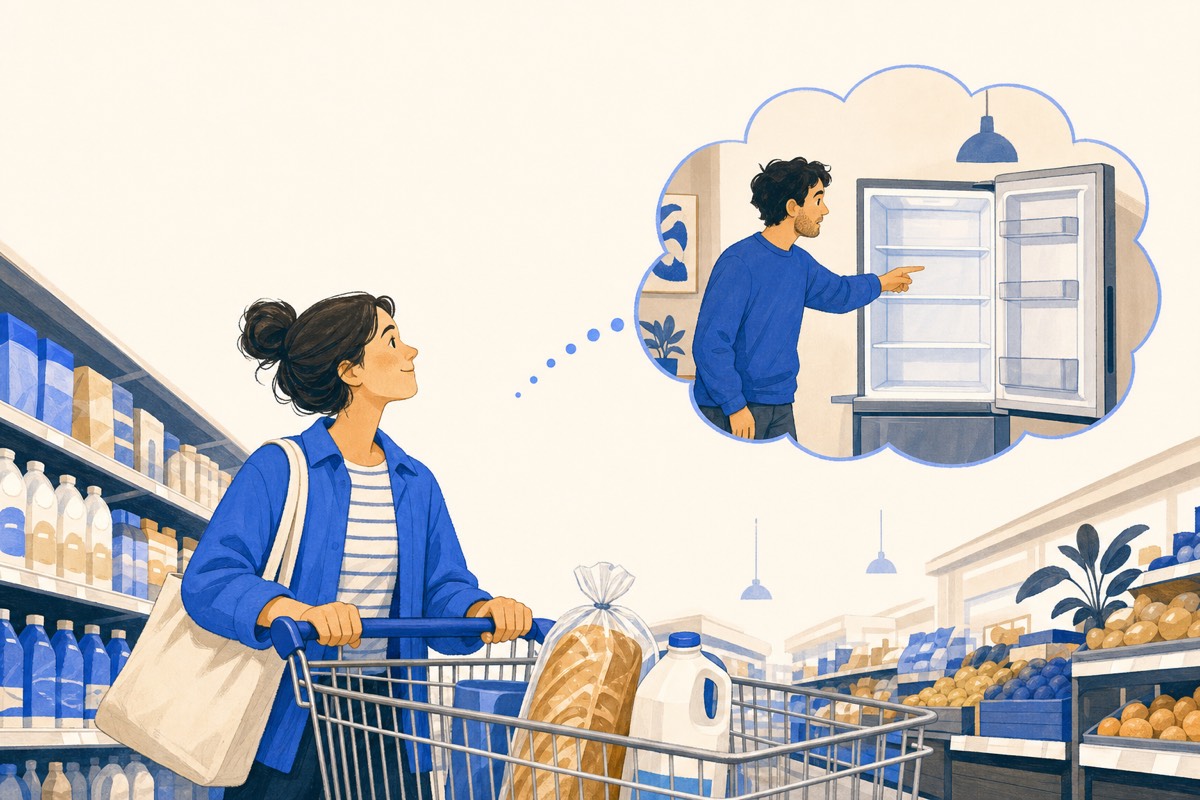 A shopper in a supermarket aisle picturing a family member at home pointing at an empty fridge